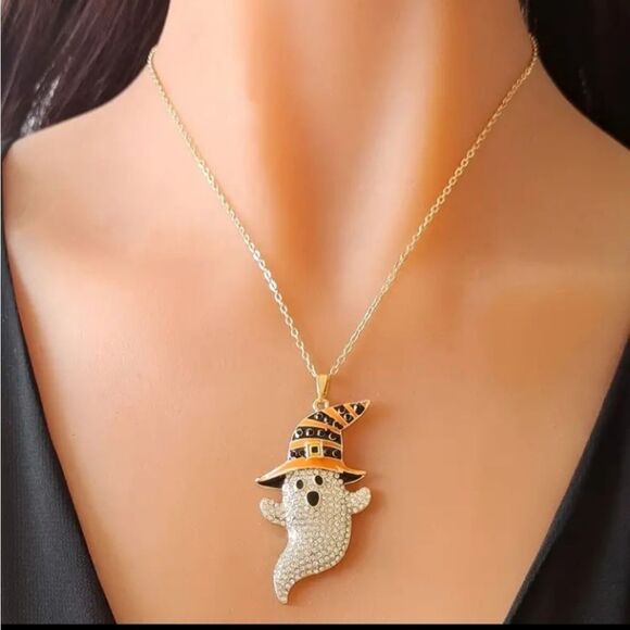Rhinestone Ghost Necklace Halloween - Picture 2 of 5
